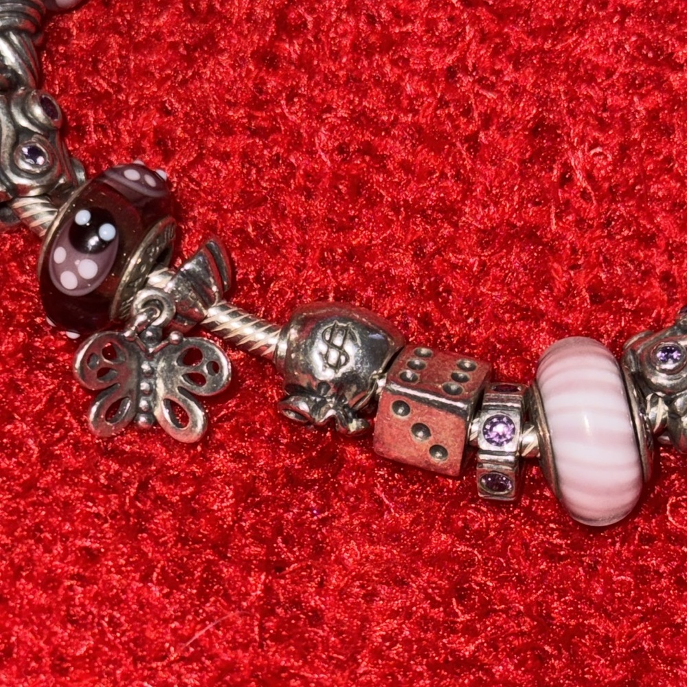 Pandora Silver and Purple Charm Bracelet with Iridescent Beads - Picture 7 of 9